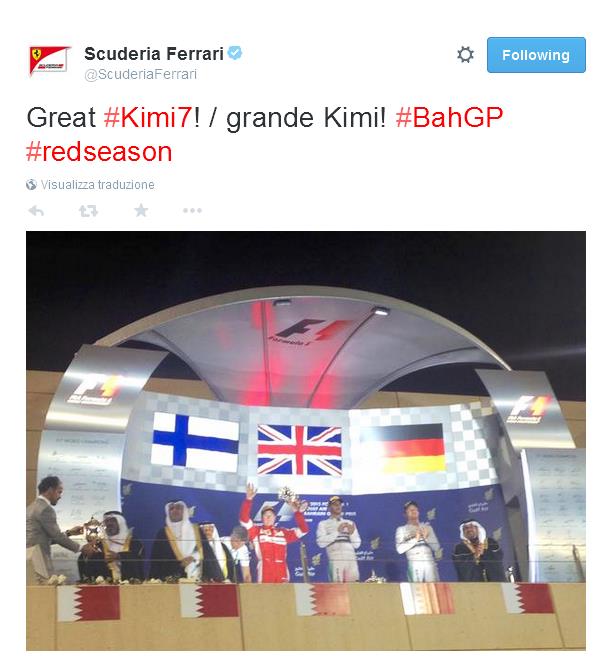 Sembra una sfida a due in questo inizio di mondiale, non riesce l'ennesima doppietta Mercedes, questa volta è la rossa di Kimi Raikkonen, per tutti Iceman, nel GP del Bahrain riesce approfittare di un errore di Nico Rosberg a due giri dal  termine, conquistando il secondo posto, nonostante la grande prova non si accontenta mai "Il 2° posto non è qualcosa da festeggiare...".