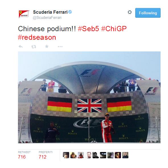 Tornano a dominare le frecce d'argento di Hamilton e Rosberg, che conquistano il primo e il secondo posto del GP della Cina, mentre continua anche il buon momento della Ferrari che con Vettel conquista il terzo podio consecutivo, e Raikkonen quarto al traguado. 