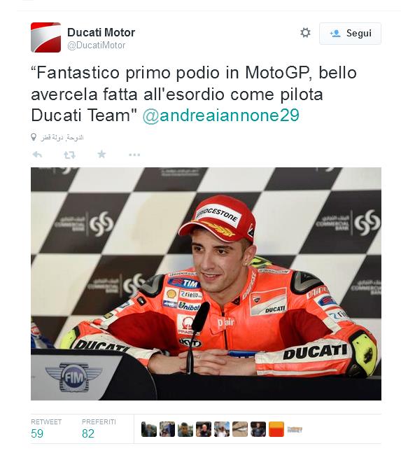  Non poteva esserci un inizio migliore per i piloti italiani della motogp, in Qatar tutto podio italiano, vince Valentino Rossi, davanti Andrea Dovizioso e Andrea Iannone, dopo 9 anni tre italiani tornano sul podio.