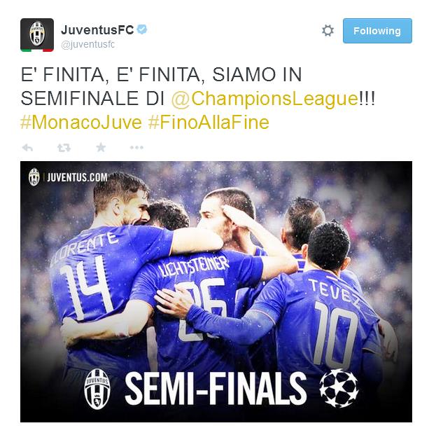 Serate indimenticabili per le italiane in Europa. Dopo 12 anni la Juventus torna in una semifinale di Champions League, e dopo 5 anni ritroviamo un italiana a lottare per la coppa più prestigiosa a livello di club. Adesso toccherà giocarsi la finale contro i Campioni d'Europa di Carletto Ancelotti. Il Napoli dopo la larga vittoria in Germania si fa recuperare in casa dal 2-0 al 2-2 in pochi minuti, e dopo 26 anni tornerà a giocarsi una semifinale europea, dovrà vedersela contro gli ucraini del Dnipro, mentre la Fiorentina con la vittoria casalinga per 2-0 approda in semifinale dopo 5 anni dove affronterà i campioni in carica del Siviglia