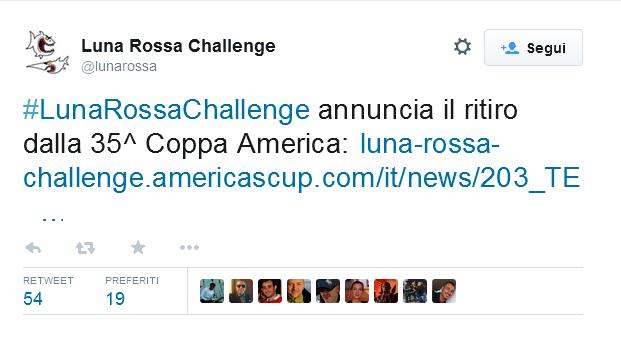 Luna Rossa dichiara che non prenderà parte alla prossima edizione di Coppa America "unico team italiano" che si disputerà alle Bermuda, nel 2017. 