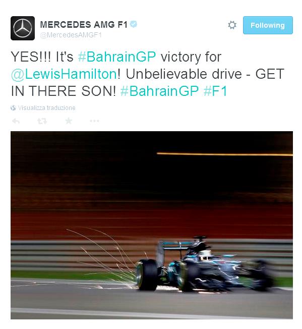 Sembra una sfida a due in questo inizio di mondiale, non riesce l'ennesima doppietta Mercedes, questa volta è la rossa di Kimi Raikkonen, per tutti Iceman, nel GP del Bahrain riesce approfittare di un errore di Nico Rosberg a due giri dal  termine, conquistando il secondo posto, nonostante la grande prova non si accontenta mai "Il 2° posto non è qualcosa da festeggiare...".