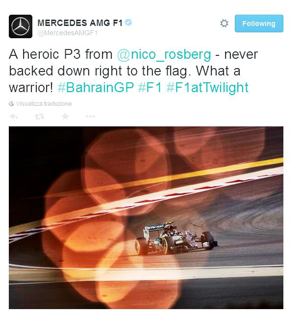 Sembra una sfida a due in questo inizio di mondiale, non riesce l'ennesima doppietta Mercedes, questa volta è la rossa di Kimi Raikkonen, per tutti Iceman, nel GP del Bahrain riesce approfittare di un errore di Nico Rosberg a due giri dal  termine, conquistando il secondo posto, nonostante la grande prova non si accontenta mai "Il 2° posto non è qualcosa da festeggiare...".