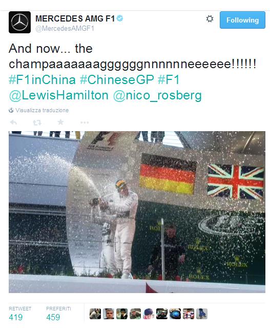 Tornano a dominare le frecce d'argento di Hamilton e Rosberg, che conquistano il primo e il secondo posto del GP della Cina, mentre continua anche il buon momento della Ferrari che con Vettel conquista il terzo podio consecutivo, e Raikkonen quarto al traguado. 