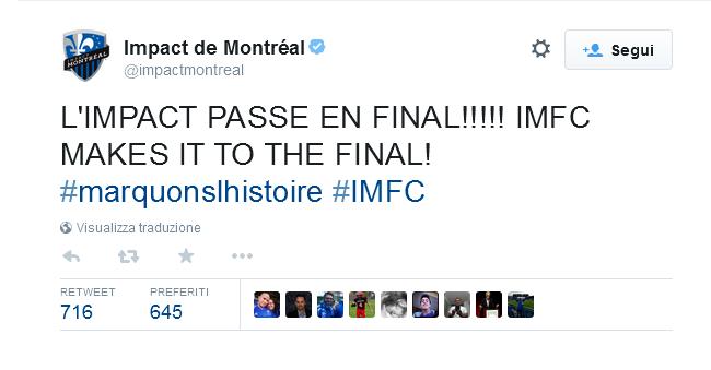 Storica impresa del Montréal Impact "ex squadra di Nesta, DiVaio, Corradi e Ferrari e attuale squadra di Donadel" raggiunge la finale della CONCACAF Champions League "la coppa per club del Nord e Centro America" nonostante la sconfitta nella gara di ritorno per 4-2 contro l'Alajuelense "squadra del Costa Rica" si qualificano alla finale grazie ai due gol realizzati fuori casa e alla vittoria dell'andata per 2-0. Il Montreal diventa cosi la prima squadra canadese e la seconda della Major League Soccer (MLS) a giocare una finale continentale.
