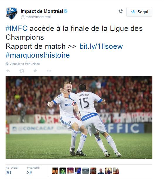 Storica impresa del Montréal Impact "ex squadra di Nesta, DiVaio, Corradi e Ferrari e attuale squadra di Donadel" raggiunge la finale della CONCACAF Champions League "la coppa per club del Nord e Centro America" nonostante la sconfitta nella gara di ritorno per 4-2 contro l'Alajuelense "squadra del Costa Rica" si qualificano alla finale grazie ai due gol realizzati fuori casa e alla vittoria dell'andata per 2-0. Il Montreal diventa cosi la prima squadra canadese e la seconda della Major League Soccer (MLS) a giocare una finale continentale.