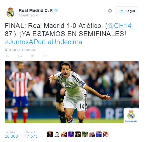 Dopo sette derby persi in stagione, Carletto Ancelotti vince l'ottavo, quello più importante, quello che permette l'approdo in semifinale, grazie a un gol di Chicharito Hernandez a due minuti dal finale. Con questo risultato il Real Madrid conquista la sua quinta semifinale consecutiva, mentre il Cholo Simeone finisce k.o. ancora una volta nella sfida che conta di più.