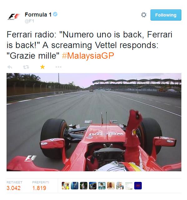 La Ferrari torna a vincere un GP dopo quasi 2 anni, uno straordinario Vettel arriva davanti le due frecce d'argento di Hamilton e Rosberg. 