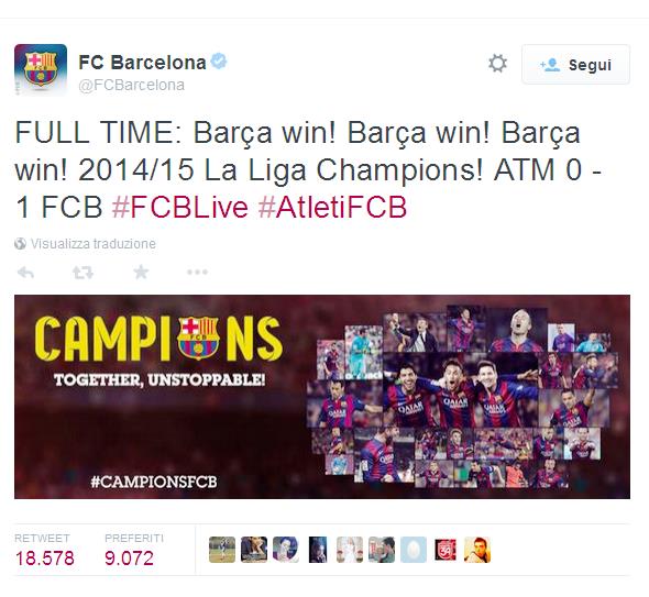 on la vittoria contro i Colchoneros del Cholo Simeone per 1-0, rete di Messi, il Barcellona si è laureato campione di Spagna per la 23ª volta.