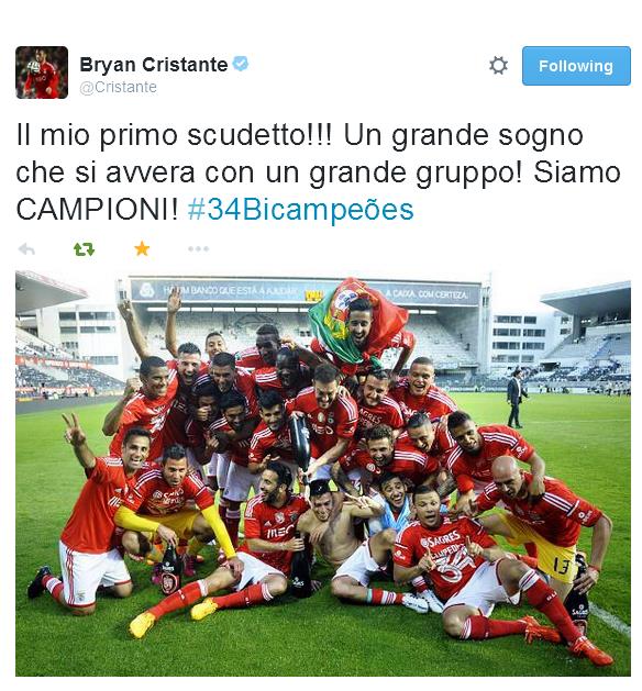 Un pezzo d'Italia festeggia il 34° titolo nazionale del Benfica, è Bryan Cristante "ex Milan", alla sua prima vera stagione da professionista conquista il suo primo titolo. Con il pareggio del Porto sul campo del Belenenses, permette al Benfica di vincere il titolo con una giornata di anticipo.