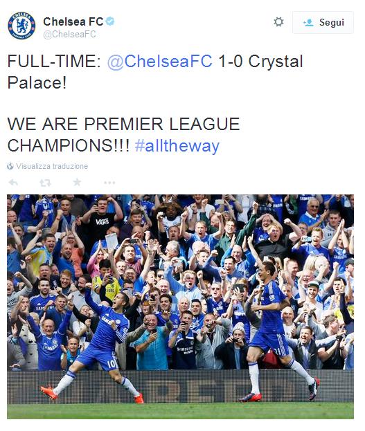  I Blues di Mourinho, con la vittoria sul Crystal Palace per 1-0, rete di Hazard, conquistano il quinto titolo della loro storia, terzo con lo Special One.