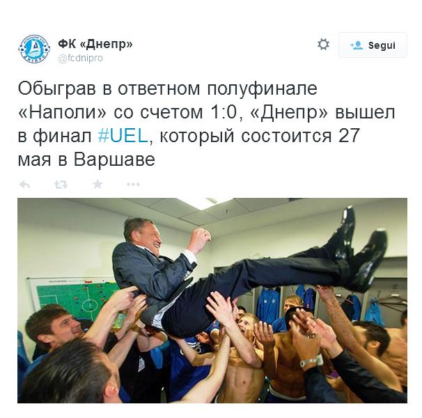 Vincendo rispettivamente contro Fiorentina e Napoli, il Siviglia e Dnipro si aggiudicano la finale di Europa League 2015, si sfideranno il prossimo 27 maggio a Varsavia. Il Siviglia campione in carica, oltre ad averla vinta anche nel 2006 e 2007 si ritroverà davanti il Dnipro "attualmente terzo nel massimo campionato ucraino", che disputerà la sua prima finale europea. 