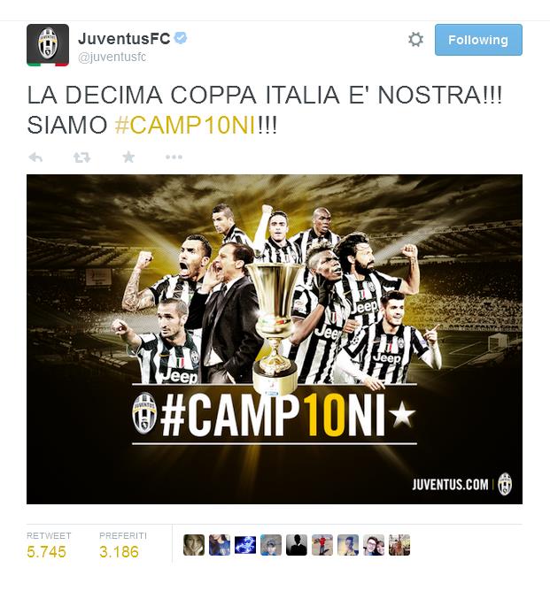  La Juventus, dopo 20 anni torna a vincere la Coppa Italia, e centra il suo terzo double "Scudetto/Coppa Italia", battendo in rimonta la Lazio per 2-1 ai supplementari, reti di Radu, Chiellini e Matri. 