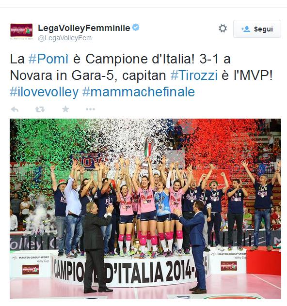 La Pomì Casalmaggiore è Campione d'Italia, per la prima volta nella loro storia. Andando a vincere Gara-5, fuori casa contro Novara, 3-1 (23-25, 25-22, 23-25, 20-25)