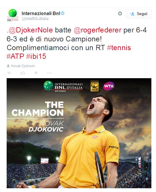 Djokovic e la Sharapova trionfano negli Internazionali di Roma, battendo rispettivamente, Federer: 6-4 6-3 e Saurez Navarro per 4-6 7-5 6-1.