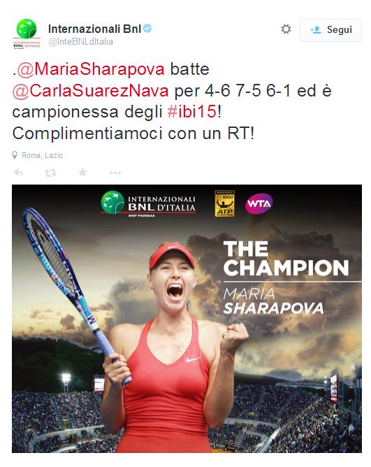 Djokovic e la Sharapova trionfano negli Internazionali di Roma, battendo rispettivamente, Federer: 6-4 6-3 e Saurez Navarro per 4-6 7-5 6-1.