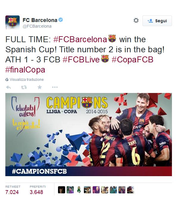  Il Barcellona conquista la 27esima Coppa del Re, battendo al Camp Nou 3-1 l'Athletic Bilbao.
