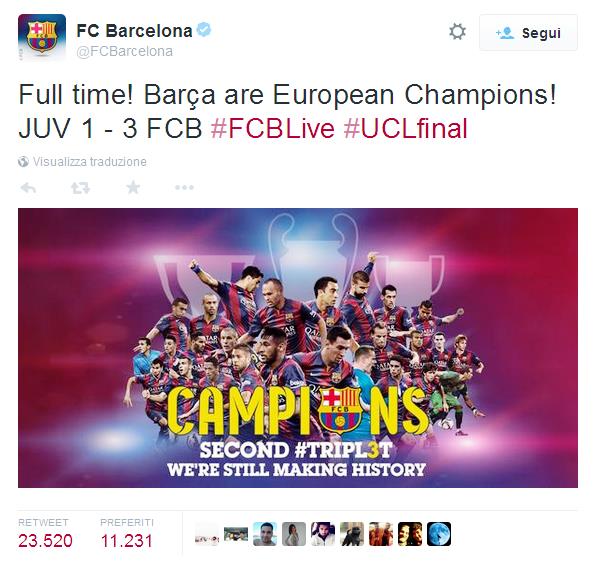 Come da pronostico ad alazare la coppa dalle grandi orecchie è stato il Barcellona di Luis Enrique, conuistando il triplete al suo primo anno, battendo una coraggiosa Juventus per 3-1, reti di Raketic, Morata, Suarez e Neymar.