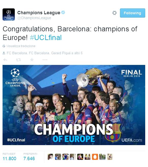 Come da pronostico ad alazare la coppa dalle grandi orecchie è stato il Barcellona di Luis Enrique, conuistando il triplete al suo primo anno, battendo una coraggiosa Juventus per 3-1, reti di Raketic, Morata, Suarez e Neymar.