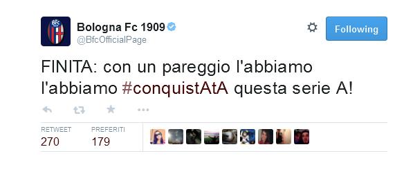  Grazie al pareggio contro il Pescara per 1-1 reti di Sansone e Pasquato, nella finale di ritorno play off, permettono al Bologna di conquistare la massima serie.