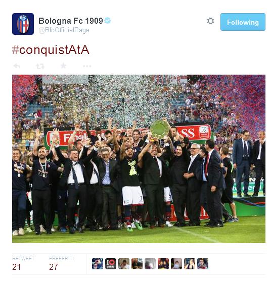  Grazie al pareggio contro il Pescara per 1-1 reti di Sansone e Pasquato, nella finale di ritorno play off, permettono al Bologna di conquistare la massima serie.