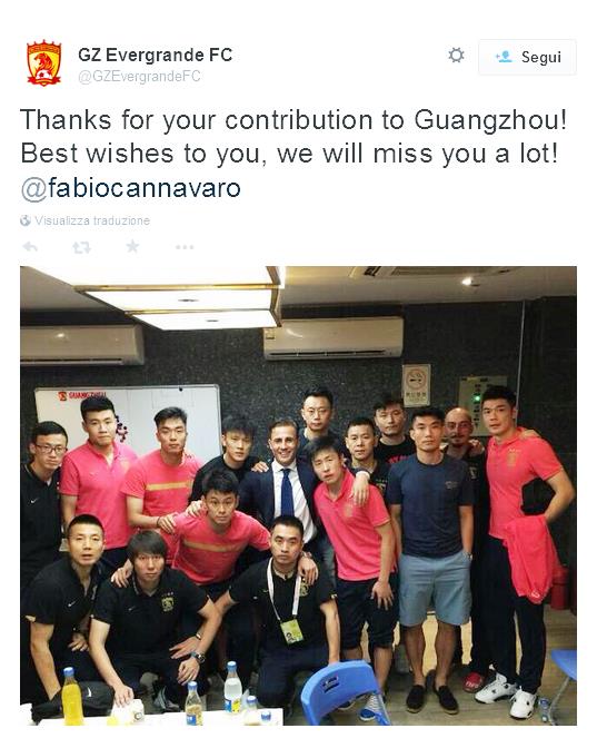 A sorpresa Guangzhou ha deciso di esonerare Fabio Cannavaro, successore di Marcello Lippi, al suo posto arriva Felipe Scolari. Il club cinese ha annunciato questa decisione per esigenze di sviluppo strategico del club, e comunque si complimenta per il lavoro svolto dal tecnico italiano. 