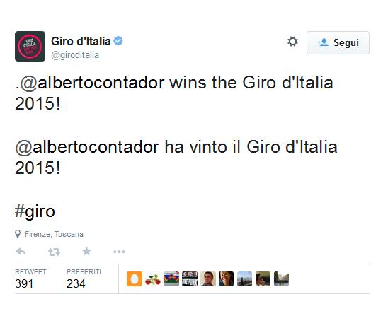 Il 32enne spagnolo Alberto Contador, conquista la 98ª edizione del Giro d'Italia, secondo della sua carriera, dopo quello del 2008, sul podio vanno il sardo Fabio Aru e lo spagnolo Mikel Landa.
