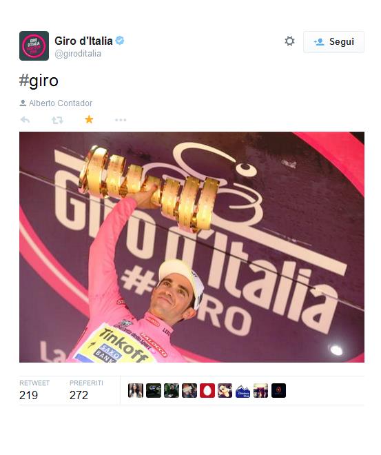 Il 32enne spagnolo Alberto Contador, conquista la 98ª edizione del Giro d'Italia, secondo della sua carriera, dopo quello del 2008, sul podio vanno il sardo Fabio Aru e lo spagnolo Mikel Landa.
