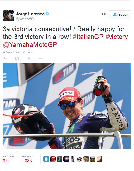 Lorenzo domina al Mugello, vincendo il suo terzo GP consecutivo, davanti al pilota della Ducati, Andrea Iannone e a Valentino Rossi.