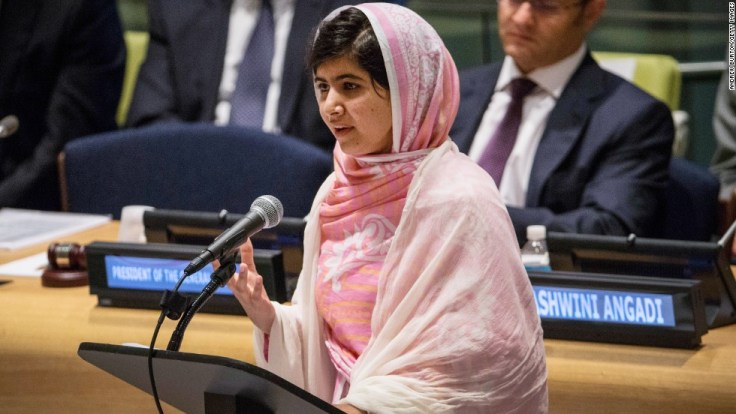NEW YORK, NY - JULY 12:  Malala Yousafzai, the 16-year-old Pakistani advocate for girls education, who was also shot in the head by the Taliban, speaks at the United Nations (UN) Youth Assembly on July 12, 2013 in New York City. The United Nations declared July 12 "Malala Day." Yousafzai also celebrates her birthday today.  (Photo by Andrew Burton/Getty Images)