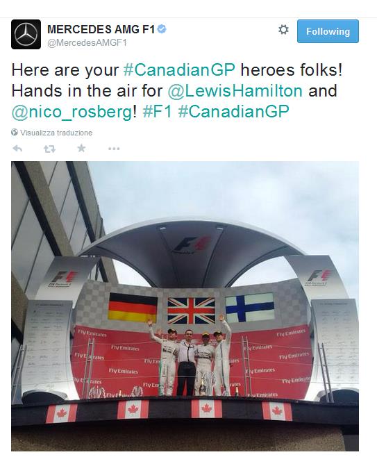 Ancora una doppietta per la Mercedes, a Montreal Lewis Hamilton precede il compagno di squadra Nico Rosberg, in terza posizione il finlandese Valtteri Bottas, ha conquistato il primo podio della stagione, sia personale che per la Williams. 