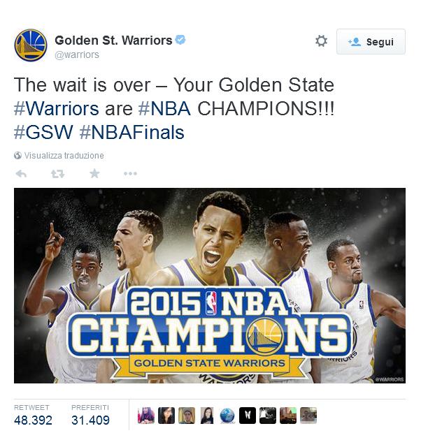  Dopo 40 anni i Golden State Warriors tornano a vincere il titolo NBA, battendo i Cleveland Cavaliers in gara-6: serie chiusa sul 4-2.