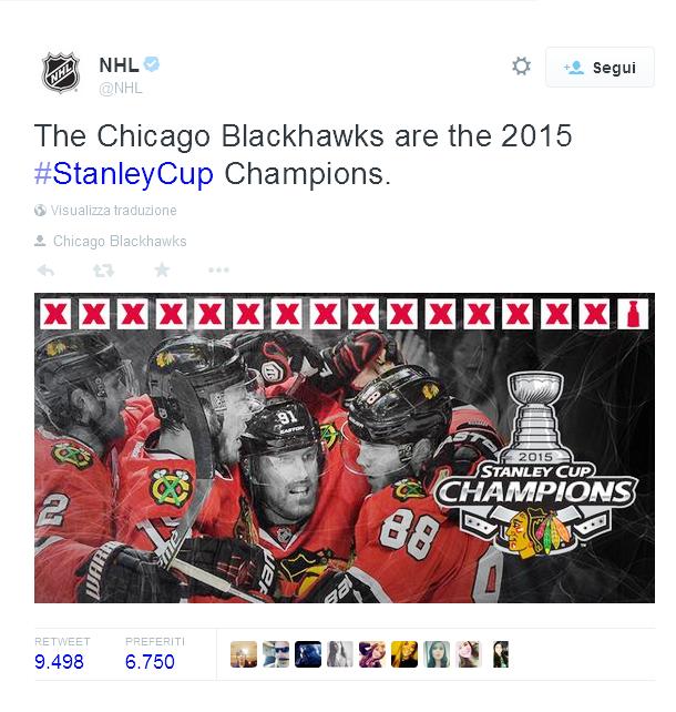 I Chicago Blackhawks hanno vinto la 6° Stanley Cup della loro storia 