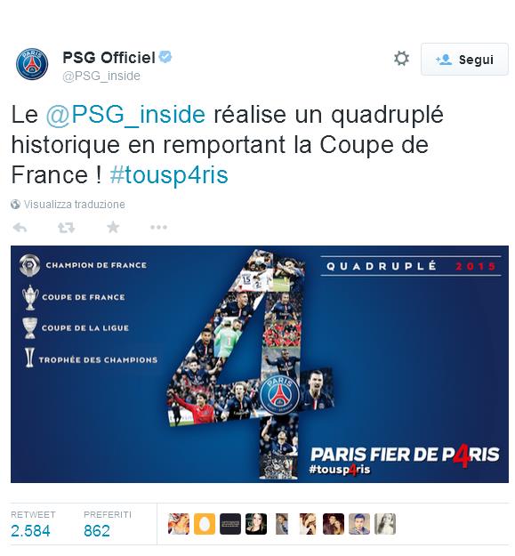 Con una rete di Cavani il Paris Saint Germain si aggiudica anche la Coppa di Francia, contro l'Auxerre, vincendo il suo quarto titolo stagionale, dopo Supercoppa, Coppa di Lega e campionato.
