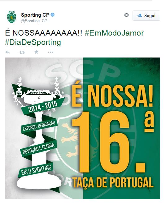  Dopo sette anni lunghissimi lo Sporting Lisbona torna a vincere, battendo in rimonta il Braga, da 0-2 a 2-2 in sei minuti e con un uomo in meno portano la sfida ai calci di rigore, imponendosi per 3-1. Si tratta della 16esima coppa di Portogallo per i leoni di Lisbona. 