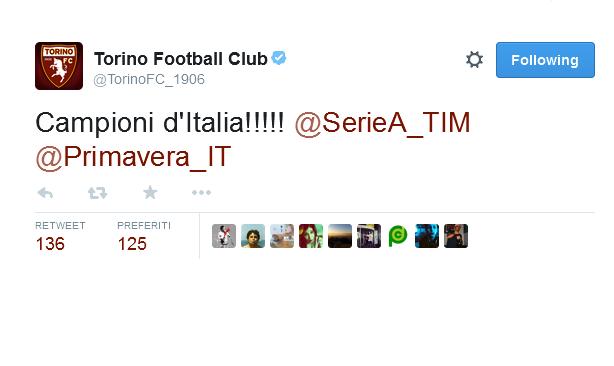 Battendo la Lazio ai calci di rigore, dopo 1-1 nei 120 minuti, il Torino si aggiudica il campionato primavera, ed è Campione d'Italia dopo 23 anni.