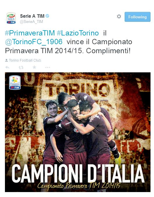 Battendo la Lazio ai calci di rigore, dopo 1-1 nei 120 minuti, il Torino si aggiudica il campionato primavera, ed è Campione d'Italia dopo 23 anni.